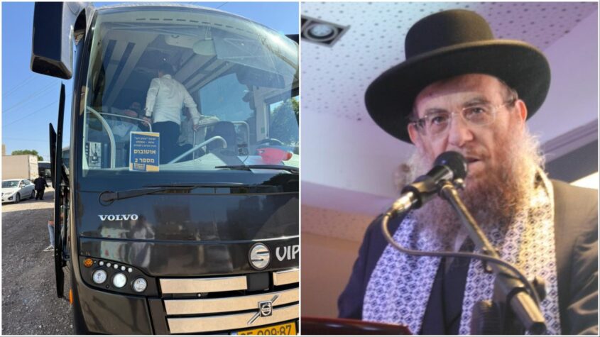 הרב יצחק ברדא ואחד האוטובוסים שיצאו