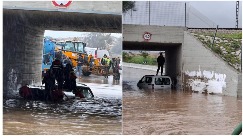 חילוץ האיש שרכבו נתקע בשלולית. צילומים: כב"ה, אסתר אריאל